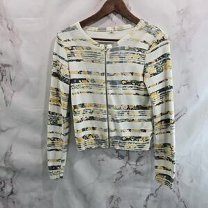 Anthropologie Sweater Womens XS White Yellow Zip Cardigan Crew Moth Array Stripe